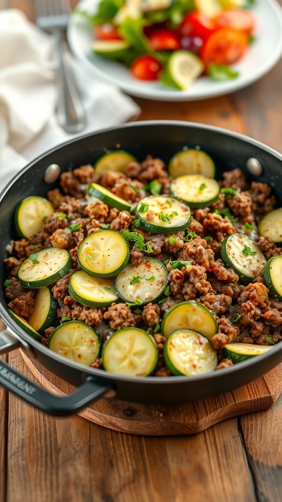 A skillet with ground beef and zucchini, garnished with cheese and parsley, on a wooden table.